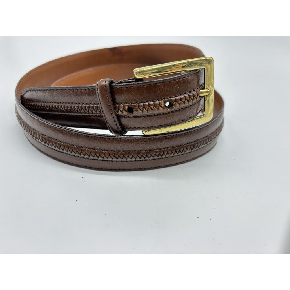 Johnston & Murphy Mens Leather Belt Sz 38  Brown Braided Woven Design Brass Buck